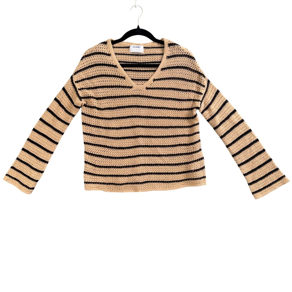 Old Navy Crochet Stripe Sweater XS Tan Black Boho Coastal Cowgirl‎ Neutral Chic